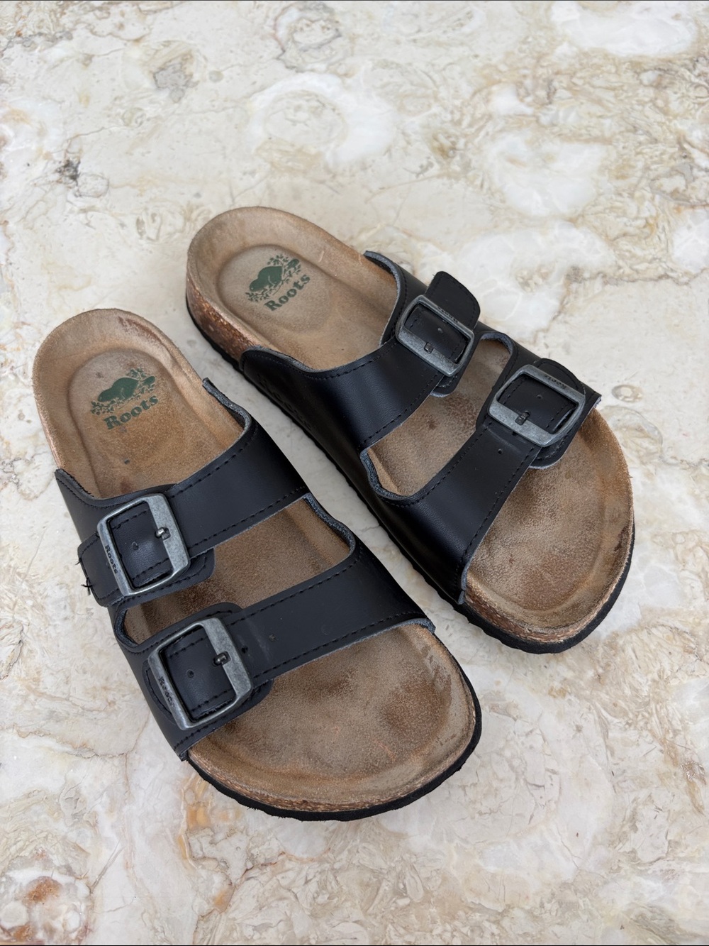 Roots Black Dual Adjustable Strap Leather Sandals Birkenstock Arizona Style